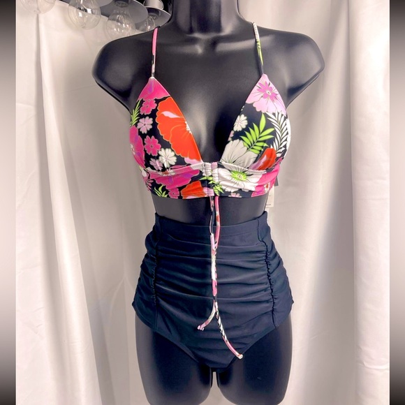 NWT Salt + Cove Bikini • Strappy Push-Up Top & Shirred High Waist Retro Bottoms - Picture 2 of 13